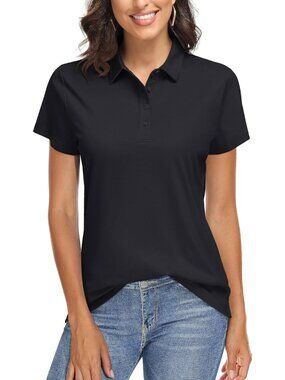 Women's 01-black Golf Polo Shirt Short Sleeve UPF 50+ Sun Protection Quick Dry